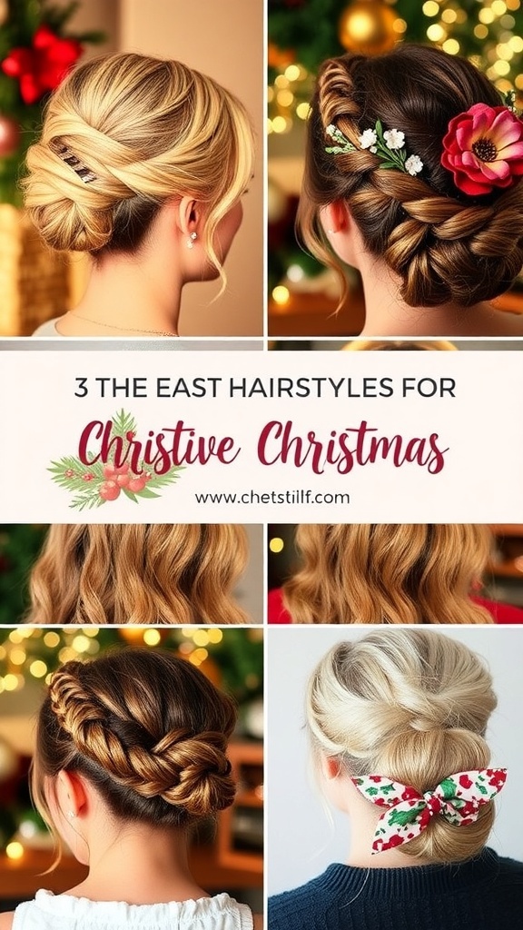 A variety of Christmas hairstyles with accessories displayed in a festive setting.